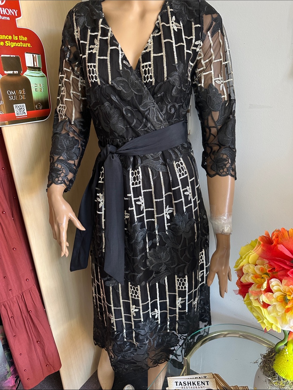 Black Lace Wrap Dress with Ivory Grid Embroidery and Waist Sash size M, L, XL